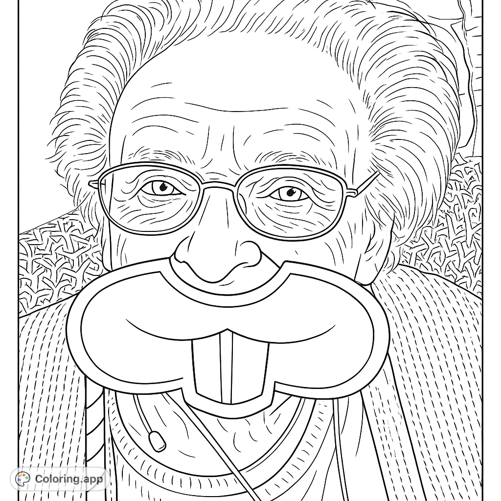 A charming and humorous portrait of an elderly person wearing a fun beaver teeth prop. Perfect for a lighthearted coloring experience.