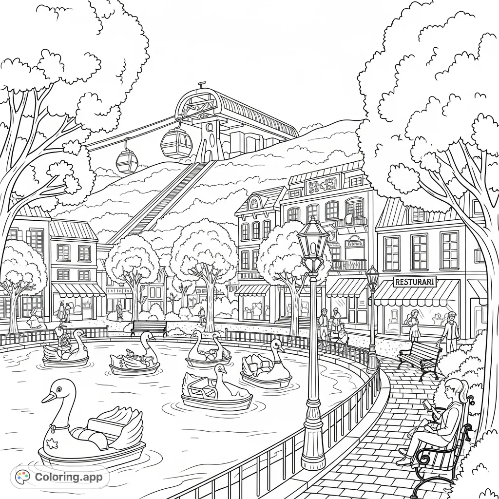 Explore the charming Parque Capivari in Campos do Jordão, featuring swan boats, a cable car, and picturesque buildings. A detailed scene for creative coloring.