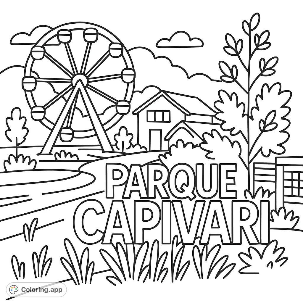 Explore a fun park scene featuring a grand Ferris wheel, a welcoming park sign, and charming buildings, perfect for a cartoony coloring adventure.