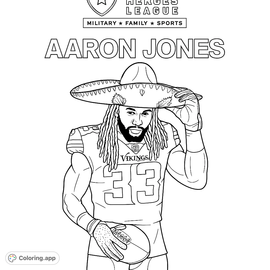 Color a unique football player wearing a festive sombrero and holding a football. A fun and engaging sports-themed coloring page for all ages.