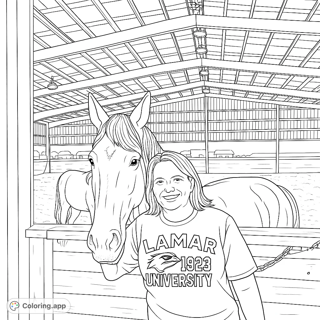 Capture the heartwarming bond between a woman and her horse in a stable setting. This horse coloring page offers a delightful scene for all ages.