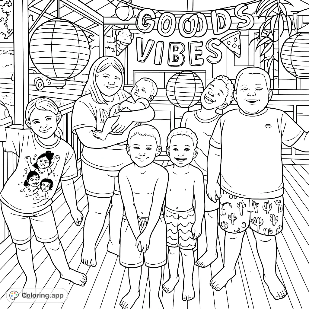 A joyful group of children and an infant on a deck, surrounded by festive decorations. Perfect for a fun, celebratory coloring experience.