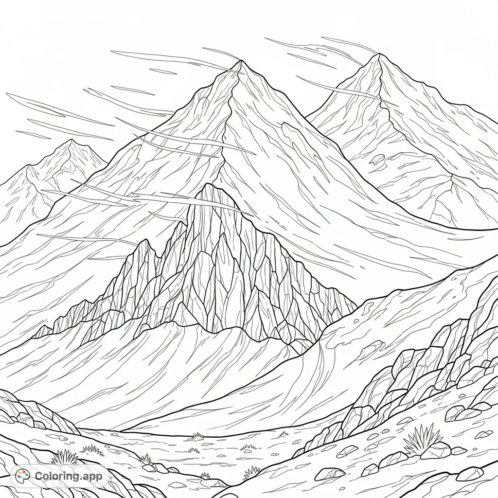 Explore a dramatic mountain landscape featuring towering, snow-covered peaks and dynamic wind patterns. A challenging and rewarding nature scene.