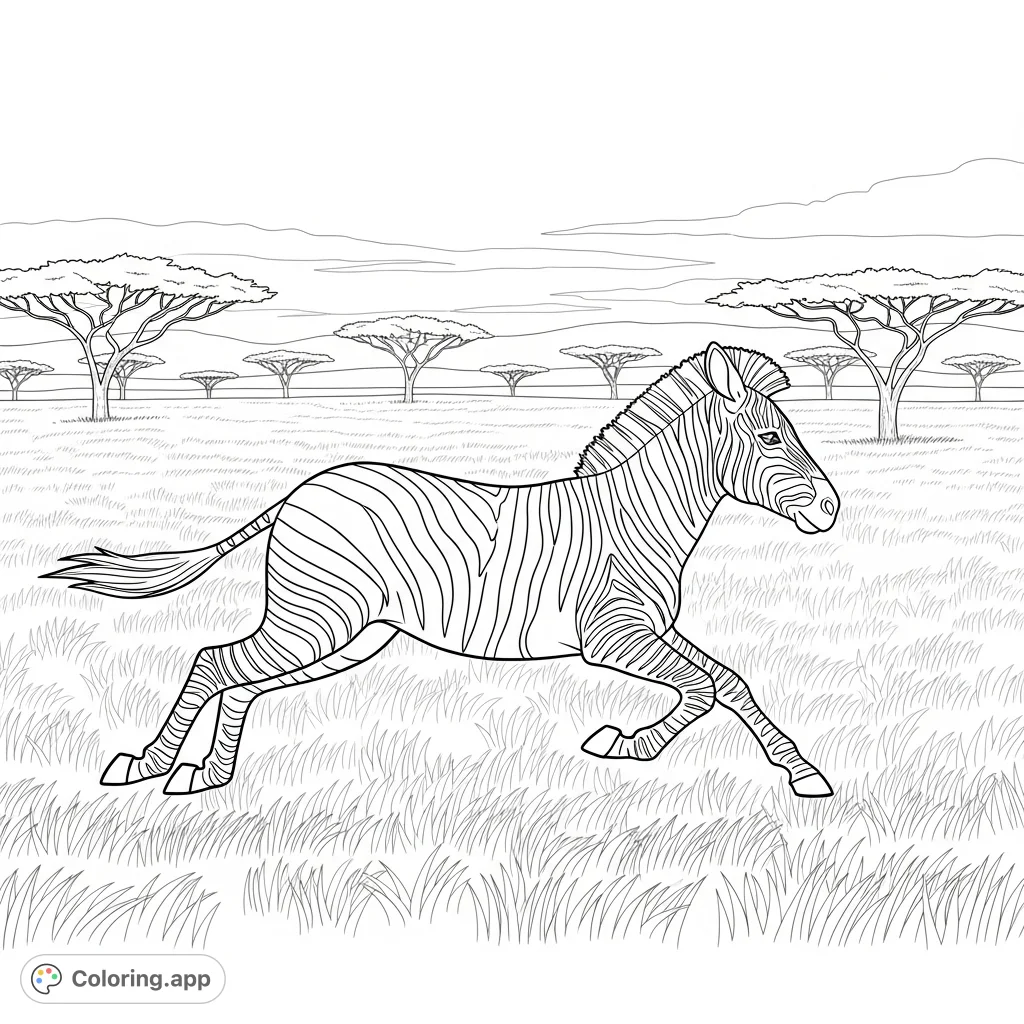 A cute zebra gallops across a vast savannah, its mane and tail flowing, surrounded by tall grasses and iconic acacia trees. A delightful animal scene.
