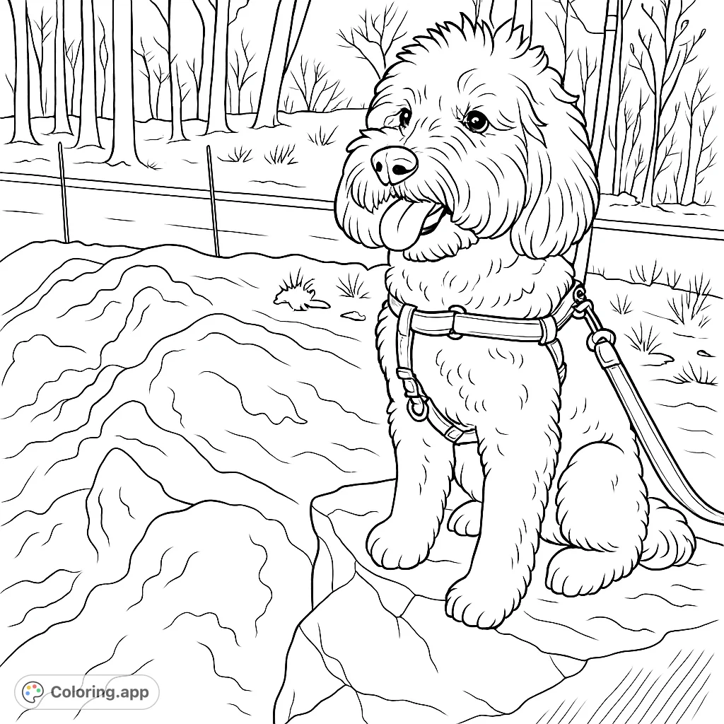 A charming fluffy dog sits on a textured rock amidst a snowy landscape, ready for a winter adventure. A delightful dog coloring page for all ages.