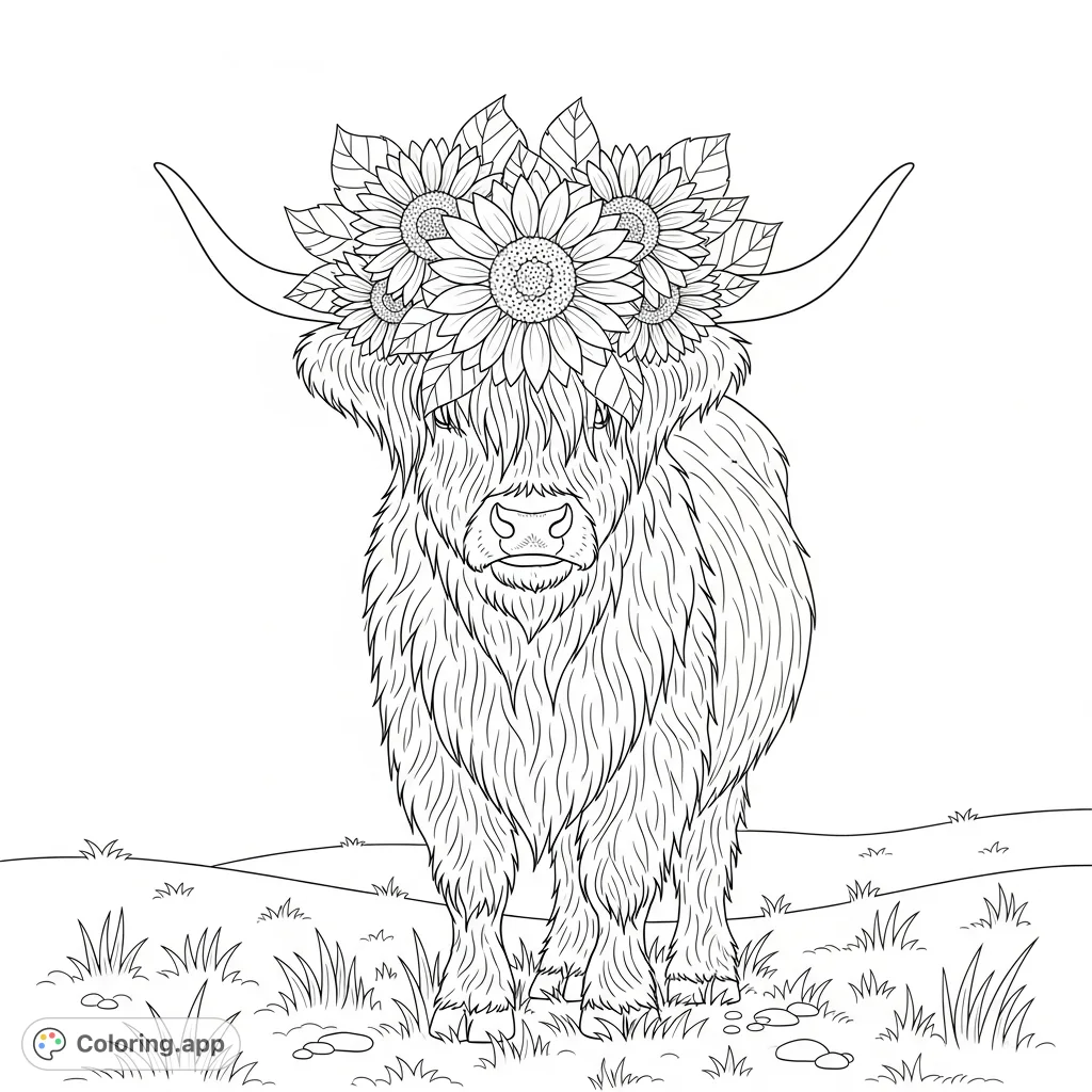 Discover a charming highland cow wearing a beautiful sunflower crown in a serene pasture. This free printable highland cow coloring page offers delightful details for all ages.