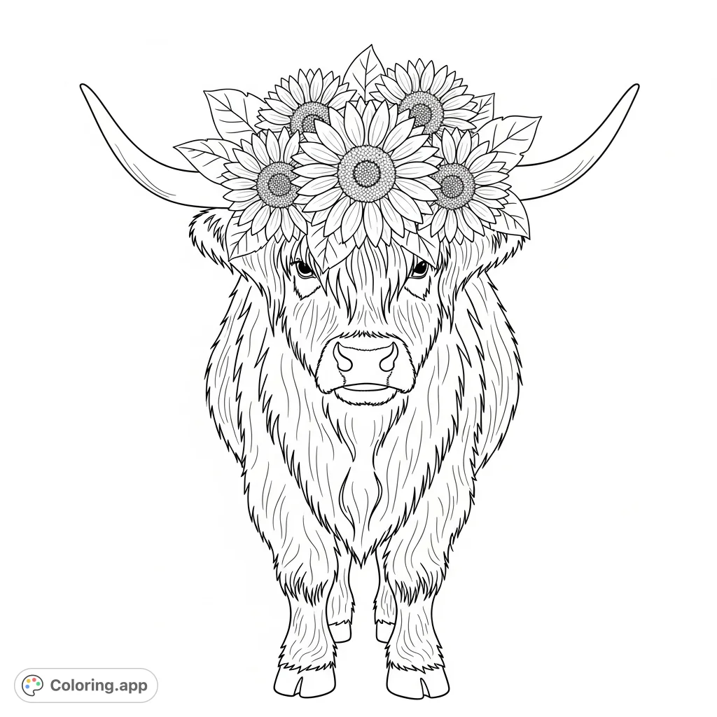 A charming highland cow adorned with a beautiful sunflower crown, perfect for a delightful coloring experience. Explore textures of fur and petals.