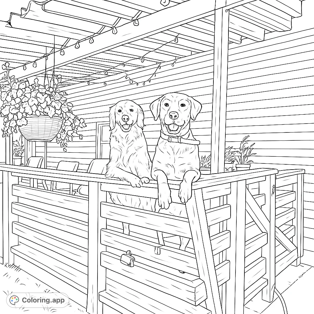 Two cheerful dogs peer over a wooden deck railing, inviting you to add vibrant hues to their playful scene. A delightful coloring adventure awaits!