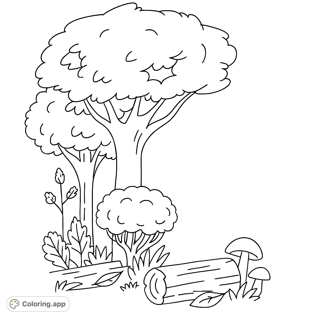 A serene woodland scene with various trees, lush foliage, and ground details. A perfect nature coloring page for tranquil creative expression.