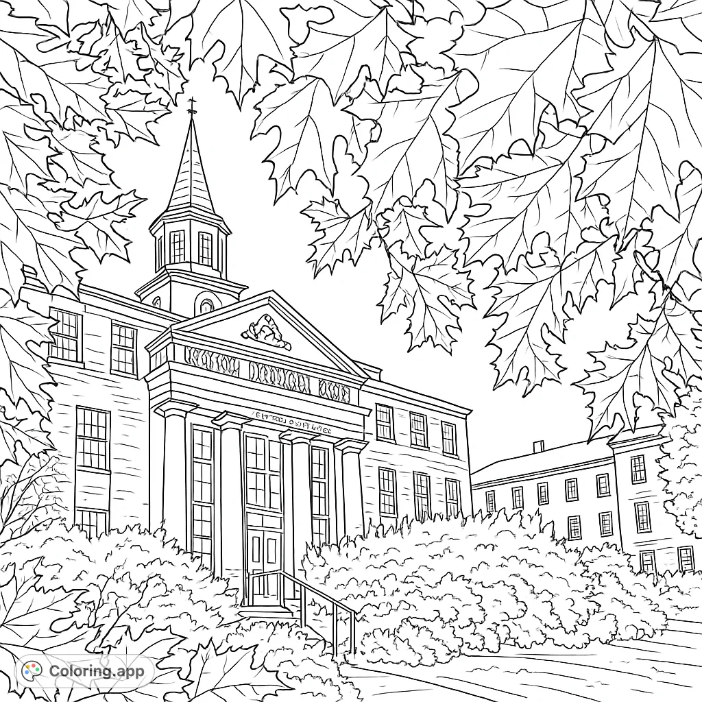 Color a detailed architectural scene featuring a grand building with a steeple, framed by intricate maple leaves, perfect for autumn enthusiasts.