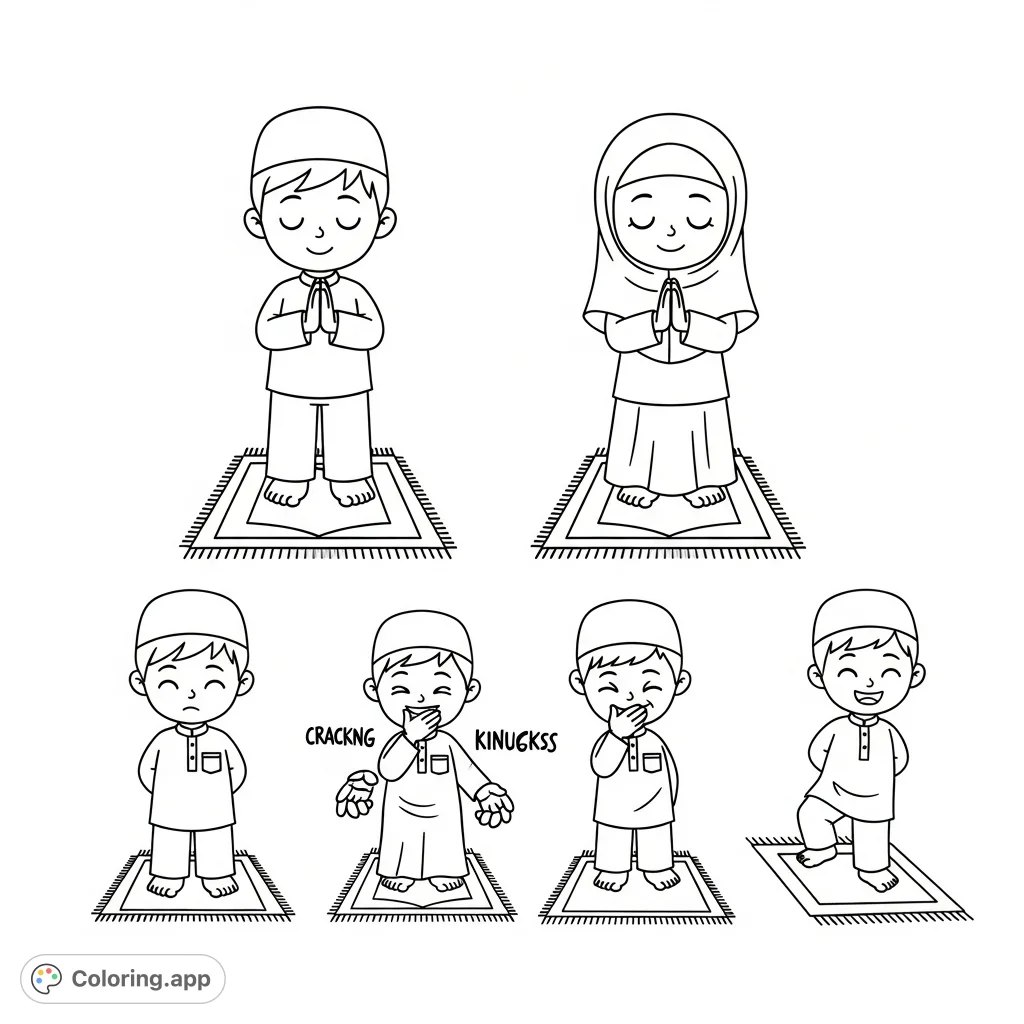Explore six cartoon illustrations of Muslim children learning prayer. Two show correct poses, while four depict common mistakes, all on prayer mats.