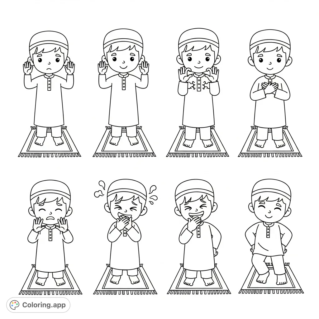 A free printable Salah coloring page featuring cartoon Muslim children demonstrating correct prayer postures and common mistakes during the opening Takbeer. Learn and color!