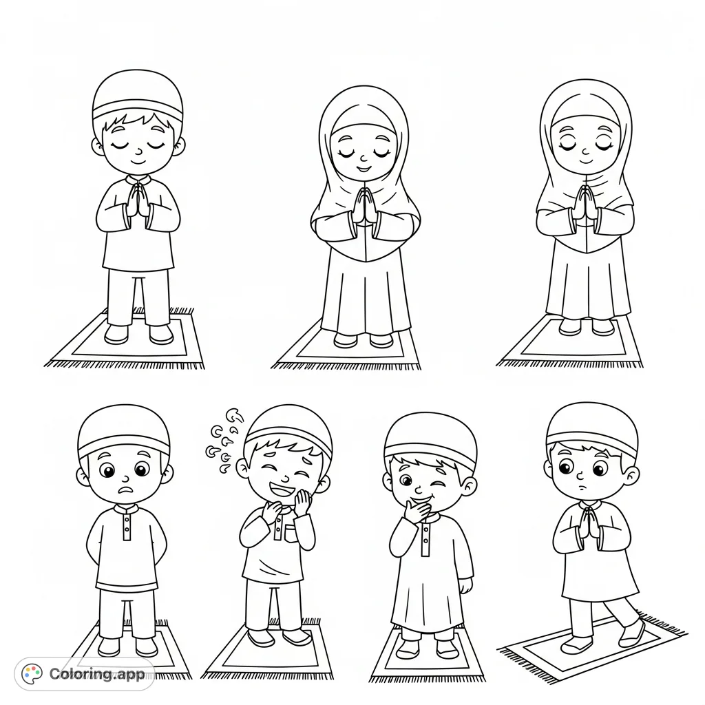Explore Salah prayer postures with this interactive coloring page. Identify correct and incorrect stances for opening Takbeer, perfect for learning.