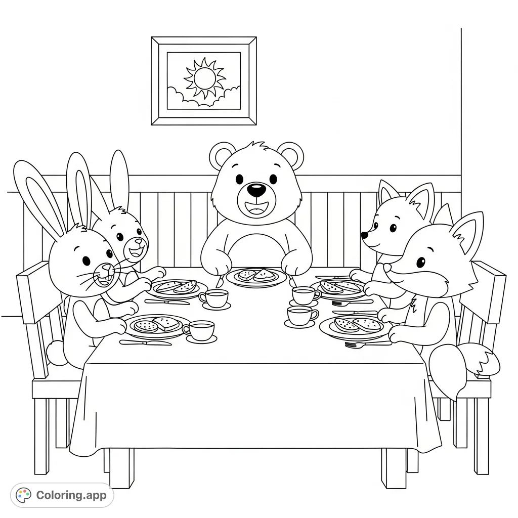 A delightful coloring page featuring a bear, rabbit, and fox enjoying a meal together at a table. Perfect for young artists to bring to life with their favorite colors.