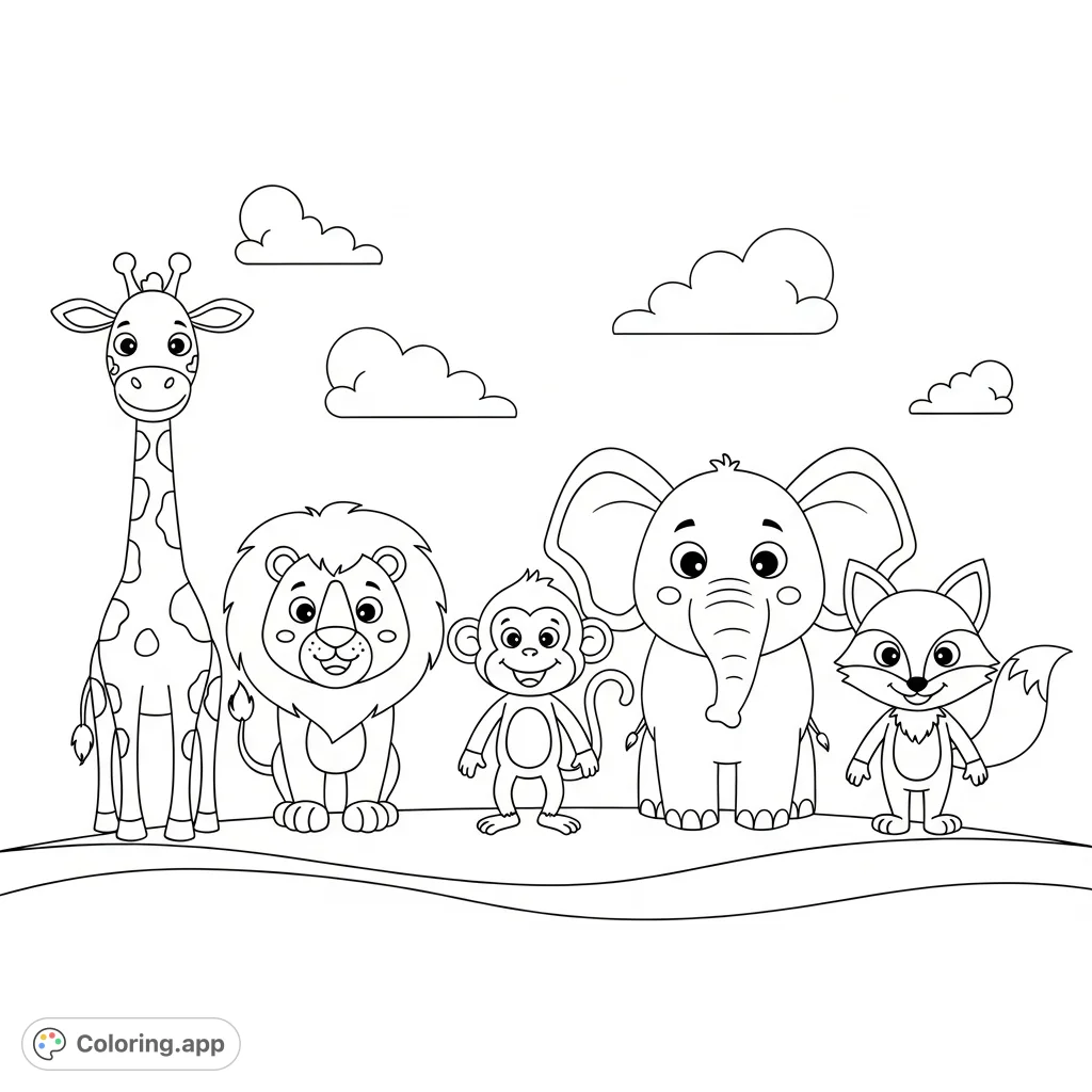 A delightful parade of friendly cartoon animals, including a giraffe, lion, monkey, elephant, and fox, standing in a row, ready for a splash of color.