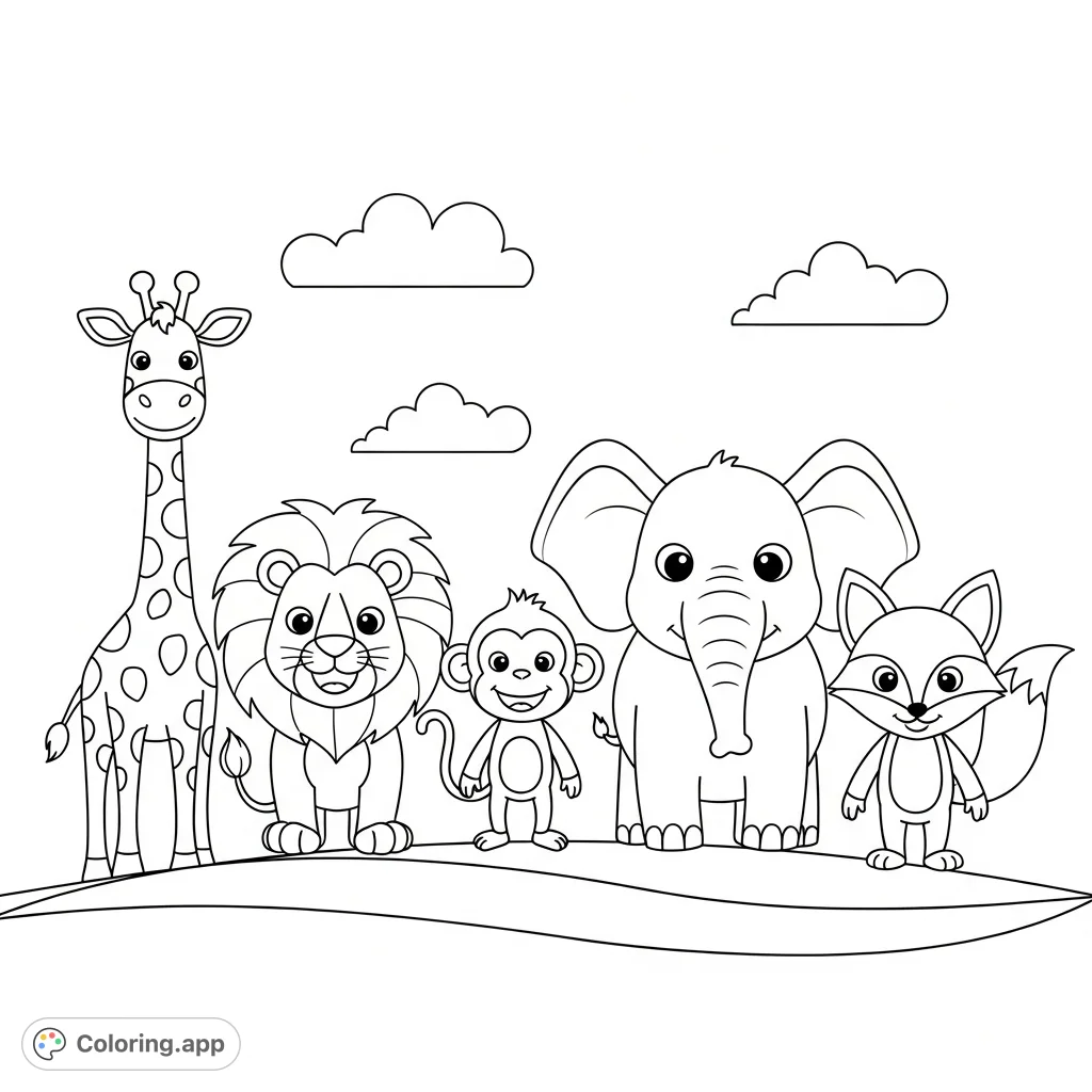 A delightful parade of friendly cartoon animals, including a giraffe, lion, monkey, elephant, and fox, standing in a row, ready for a splash of color.