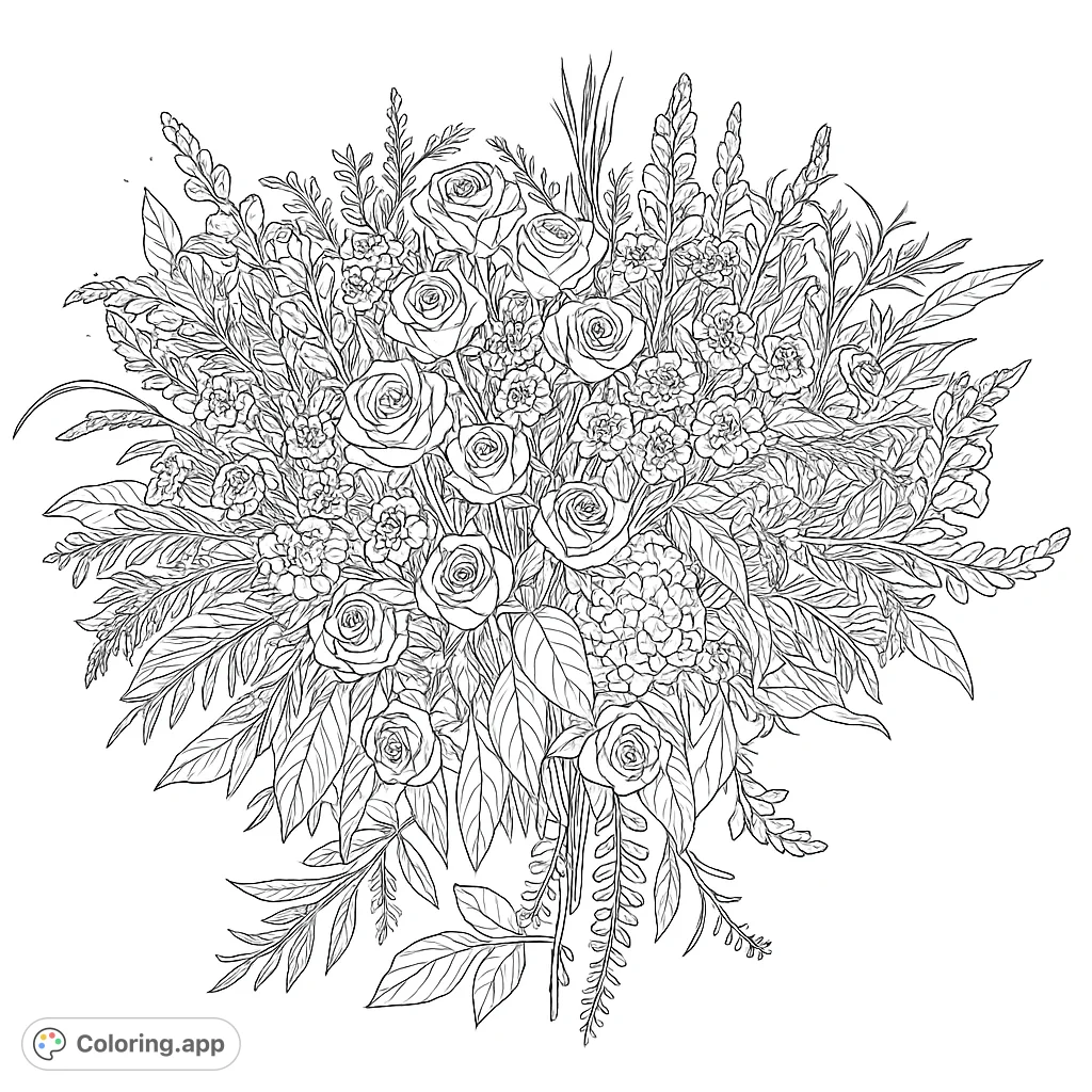 An intricate floral arrangement featuring detailed roses, thistles, and diverse foliage, perfect for a realistic coloring challenge. Discover the beauty of nature.