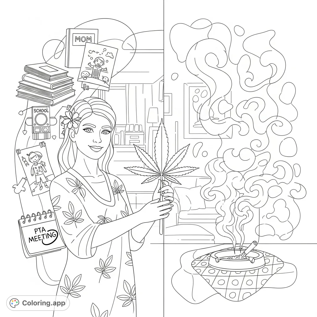Discover an empowered woman balancing life, holding a stylized cannabis leaf amidst scenes of motherhood and relaxation. A unique adult coloring page.
