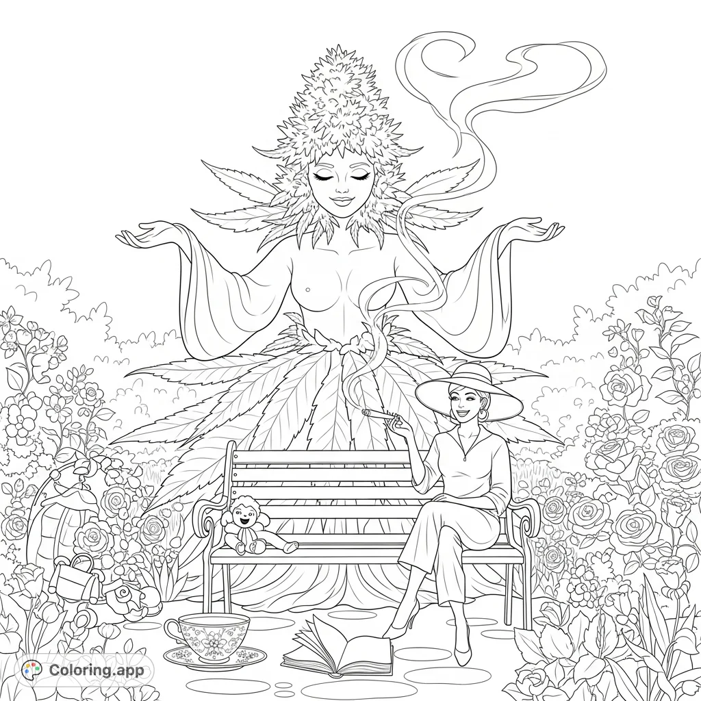 A serene garden scene featuring the majestic Green Goddess, a stylish woman enjoying a moment of peace with a lit joint, and playful garden elements.
