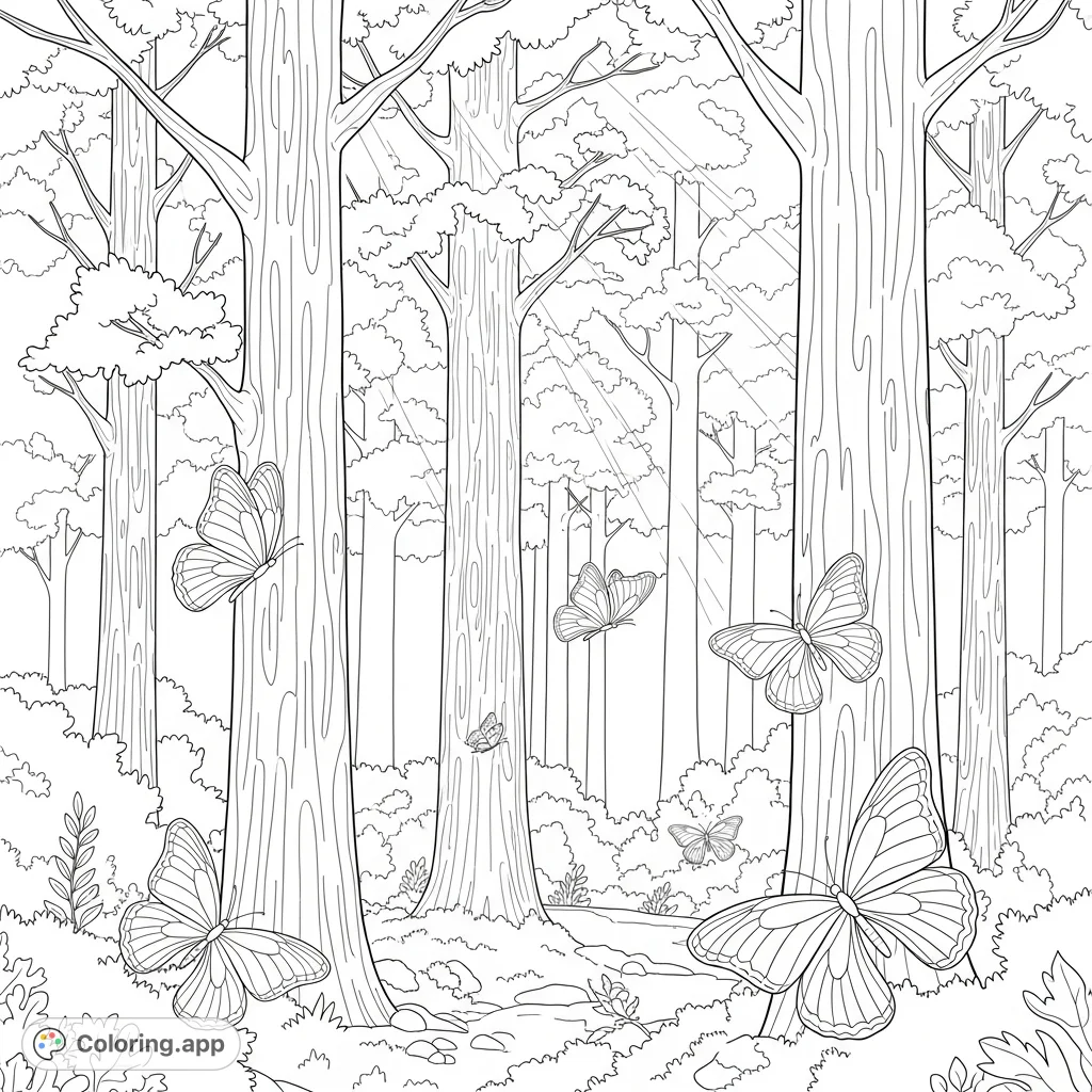 Explore a peaceful forest scene with towering trees, dappled sunlight, and graceful butterflies. A beautiful nature coloring page for all ages.