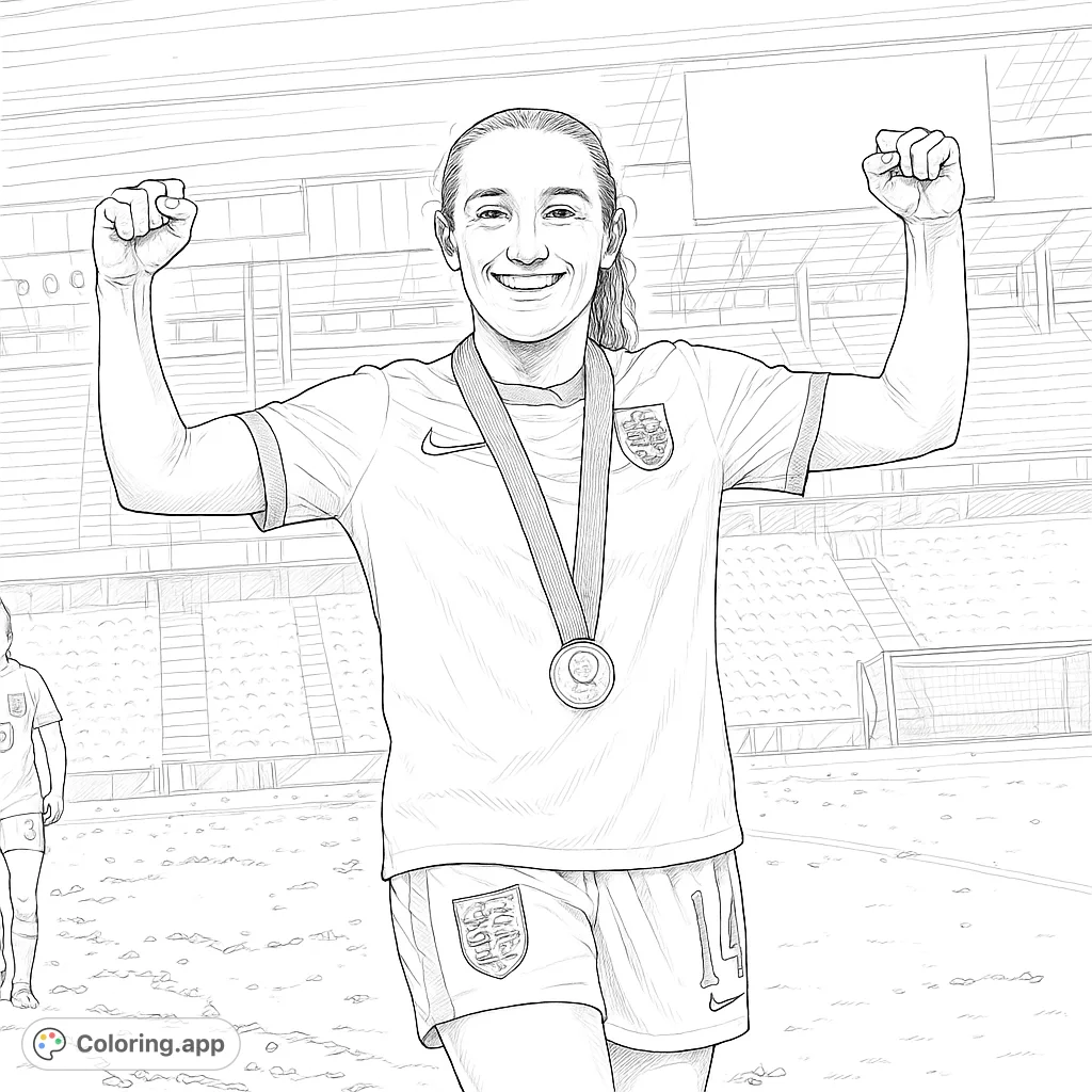 Celebrate victory with this detailed soccer player coloring page. A triumphant athlete raises her arms on the field, surrounded by confetti and stadium lights.