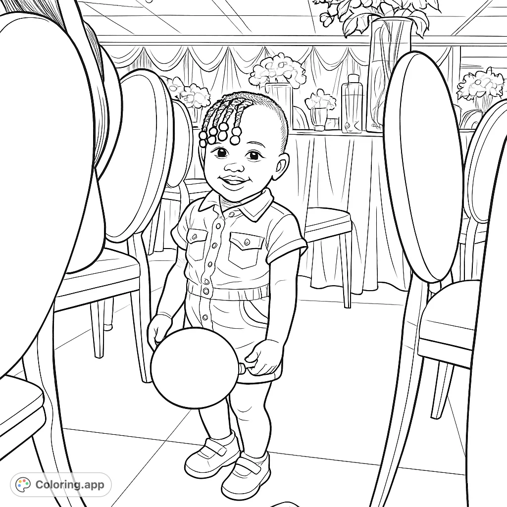 A delightful coloring page featuring a smiling child holding a balloon at a festive event, surrounded by elegant chairs and decorations.