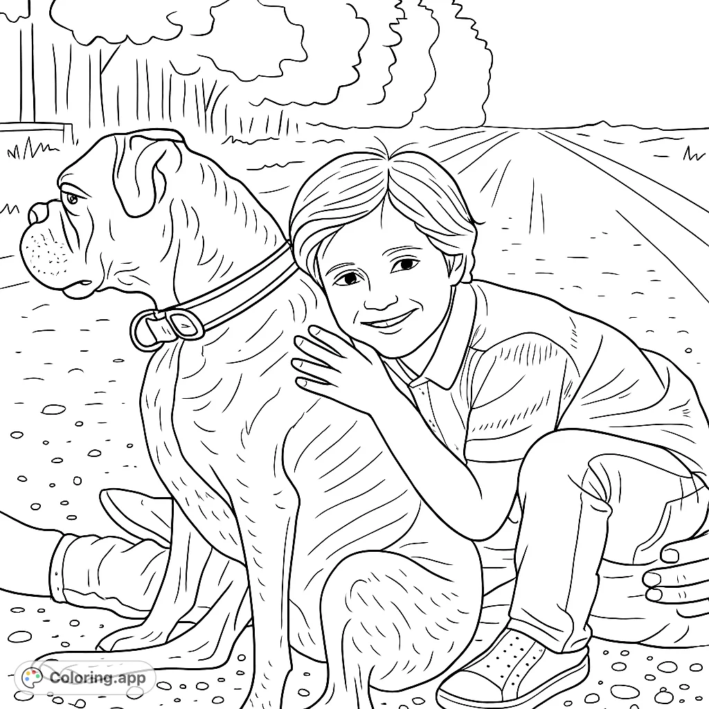 A heartwarming scene of a child embracing a large, loyal dog on a country road, perfect for a free printable pet friendship coloring page.