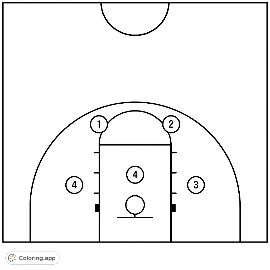 Color a detailed basketball court layout with numbered player positions, perfect for understanding game strategy. An engaging and educational sports coloring page.