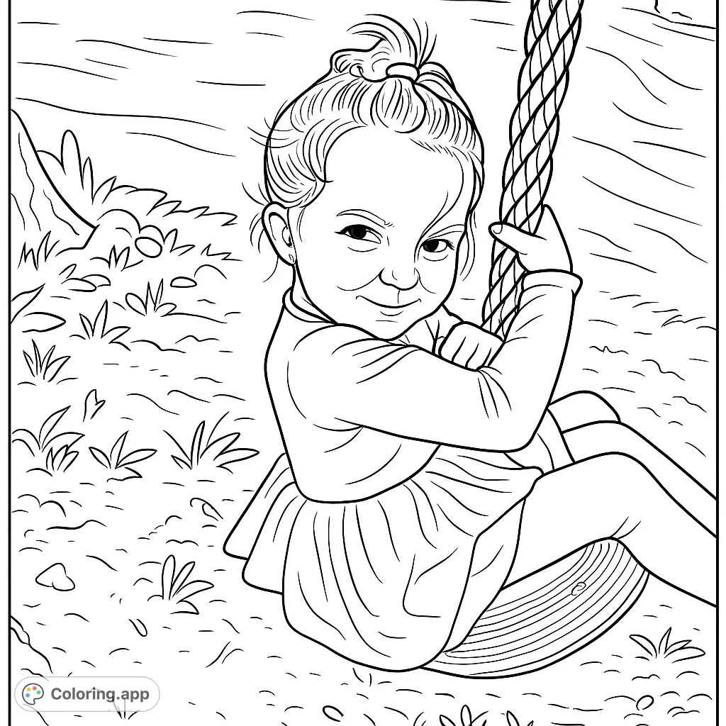 A delightful coloring page featuring a cheerful child enjoying a swing, perfect for sparking imagination and creative fun in an outdoor setting.