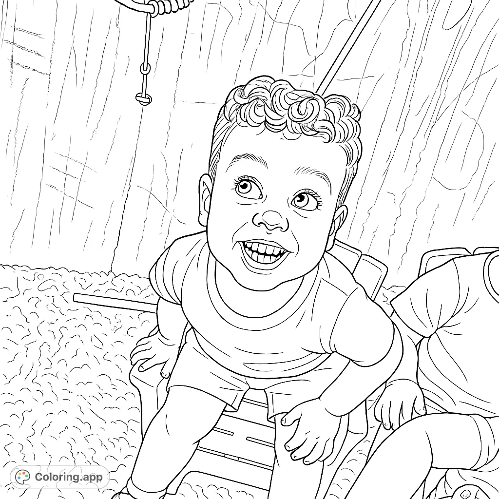 A joyful child with curly hair smiles brightly, looking upwards while sitting on a small chair, surrounded by a textured wall and playful chalk art.