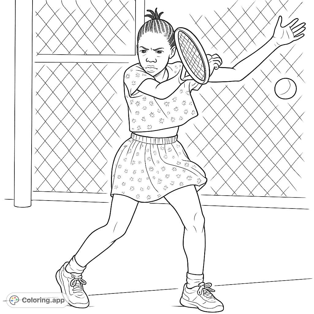 Capture the energy of a young tennis player mid-swing on the court. This dynamic coloring page features an athlete ready to hit the ball, perfect for sports fans.