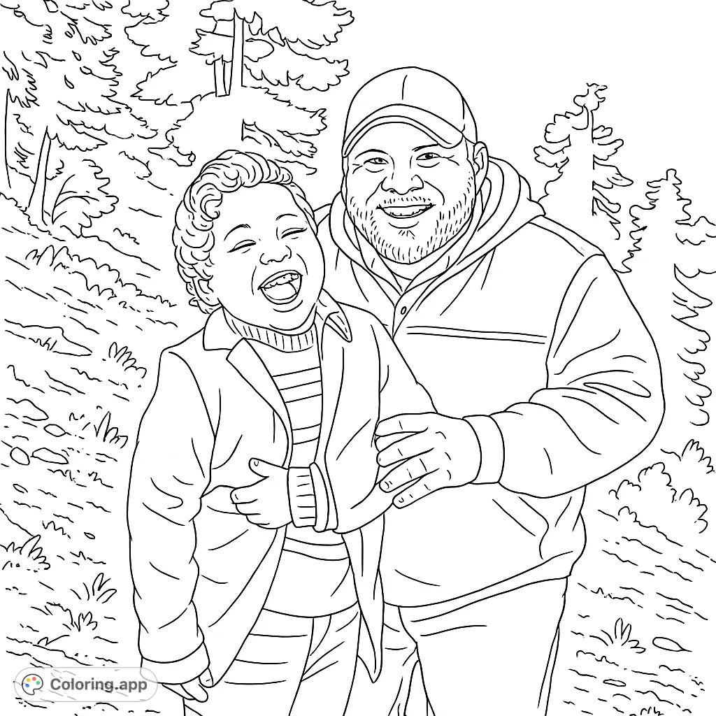 Capture a heartwarming moment of laughter between an adult and a child in a scenic outdoor setting. A perfect family coloring page for all ages.