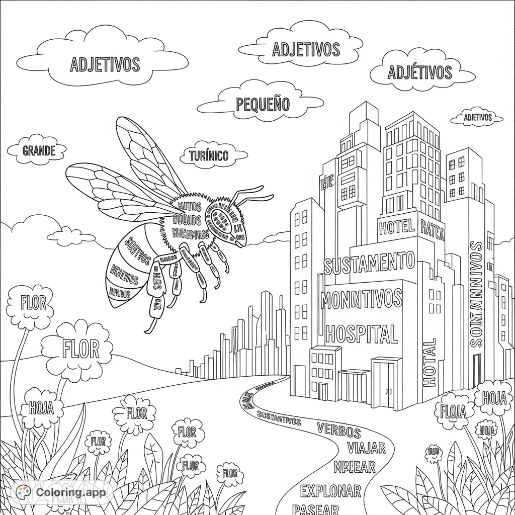 A determined bee explores a fantastical landscape where buildings are 'Sustantivos', paths are 'Verbos', and clouds are 'Adjetivos'. A unique linguistic adventure!