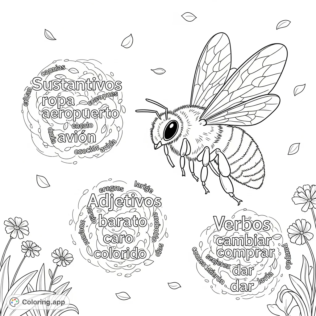 A charming grammar coloring page featuring a plump bee amidst swirling word clouds of "Sustantivos," "Adjetivos," and "Verbos" for fun learning.