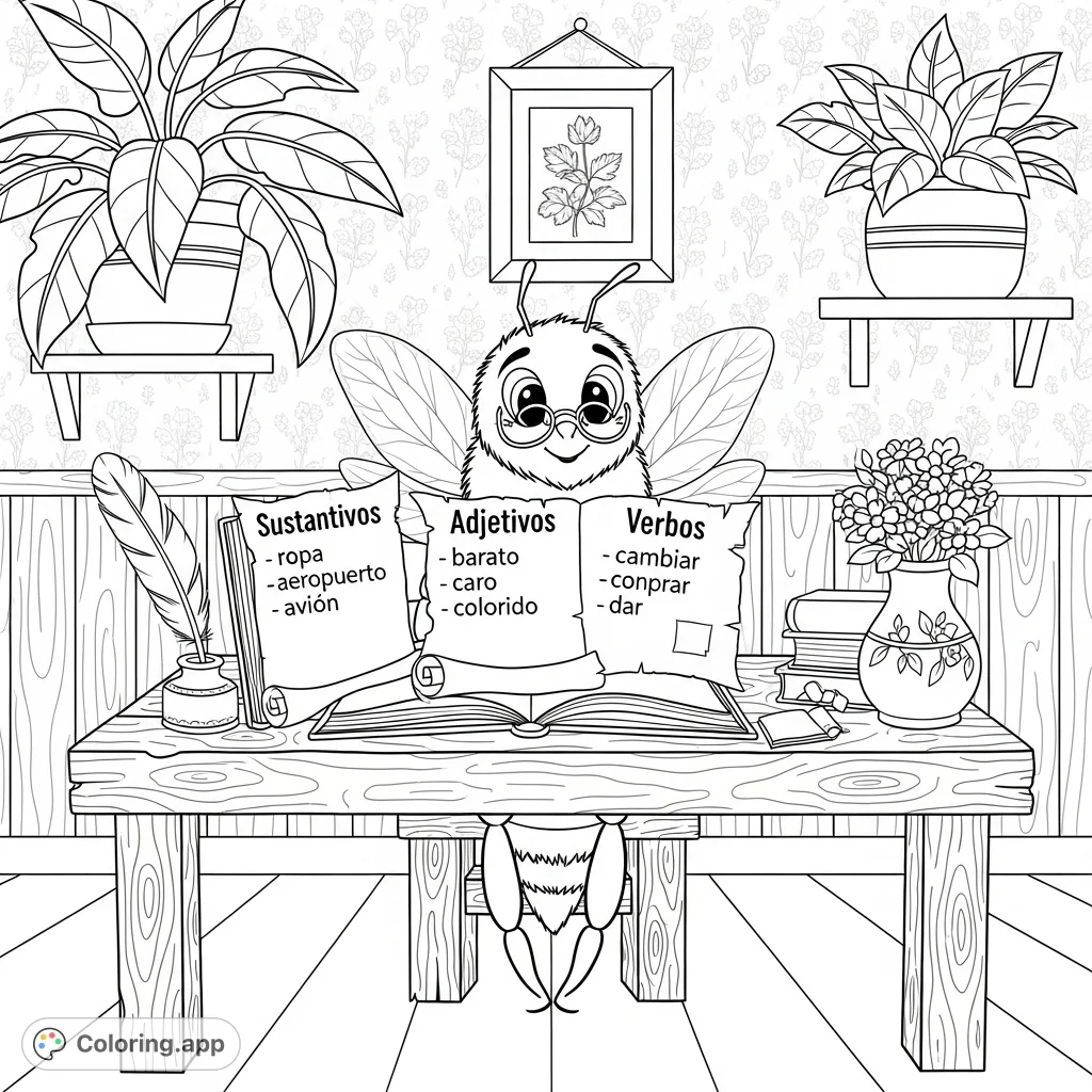 A charming bee in spectacles studies language scrolls at a rustic desk, surrounded by books and a quill. Perfect for a delightful and educational coloring experience.