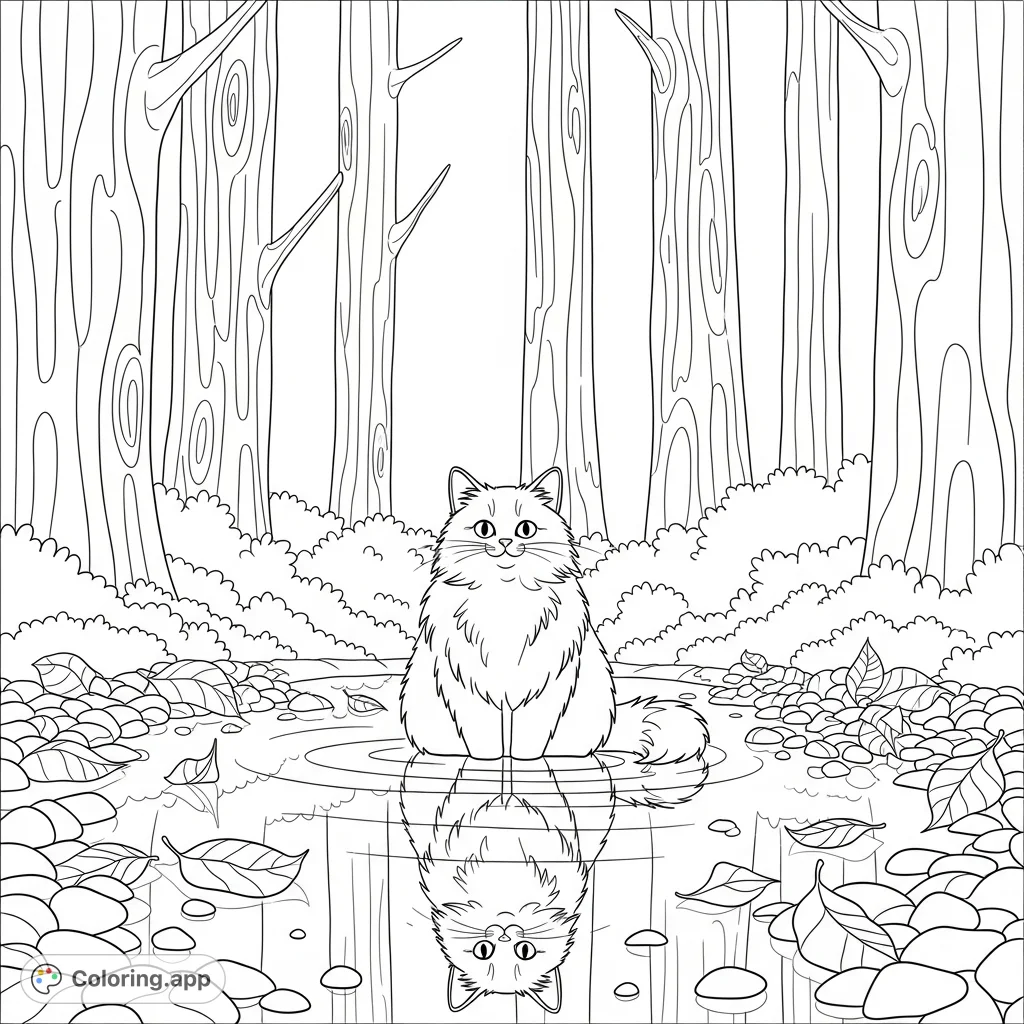 A fluffy cat sits peacefully in a forest puddle, its reflection visible. Fallen leaves and tall tree trunks create a serene natural scene, perfect for a relaxing coloring experience.