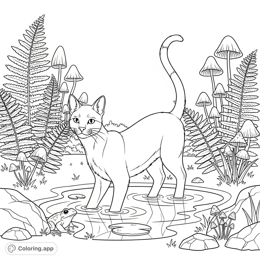 A sleek cat delicately perches in a forest puddle, observed by a small frog. Lush ferns and mushrooms surround this charming, simple nature scene.