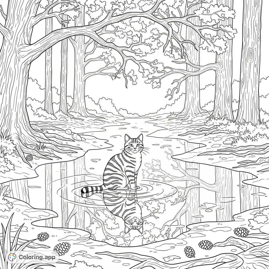 A patient tabby cat sits in a clear forest puddle, reflecting ancient oak trees. Roots and pinecones dot the illuminated forest floor.