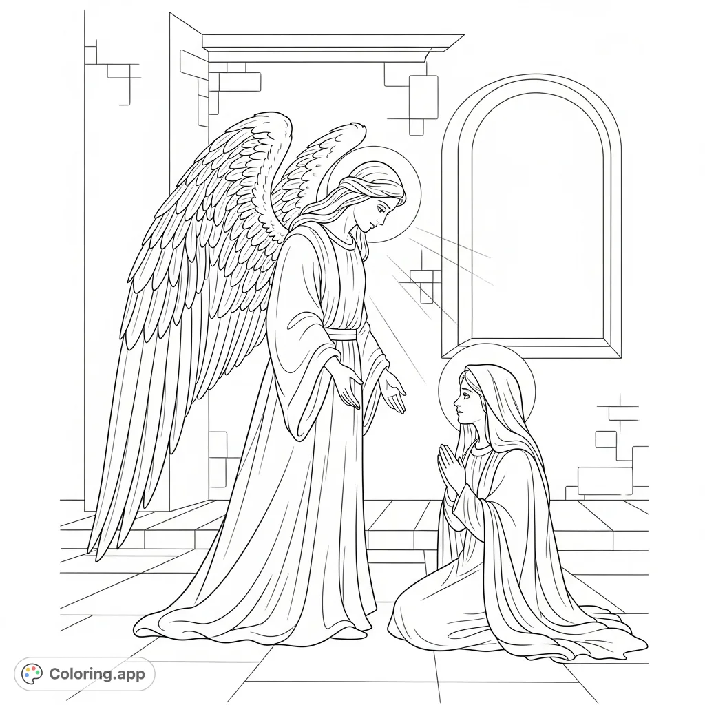 A serene Angel of the Lord visits Mary in a humble room. This free printable religious coloring page offers a peaceful scene for reflection and creativity.