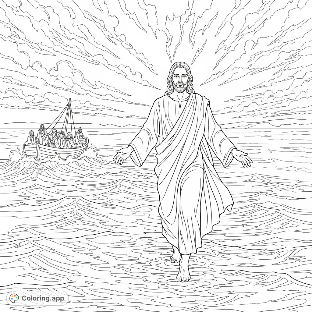 Experience the miracle of Jesus walking on water. This free printable coloring page features a serene Jesus, a stormy sea, and a distant boat.