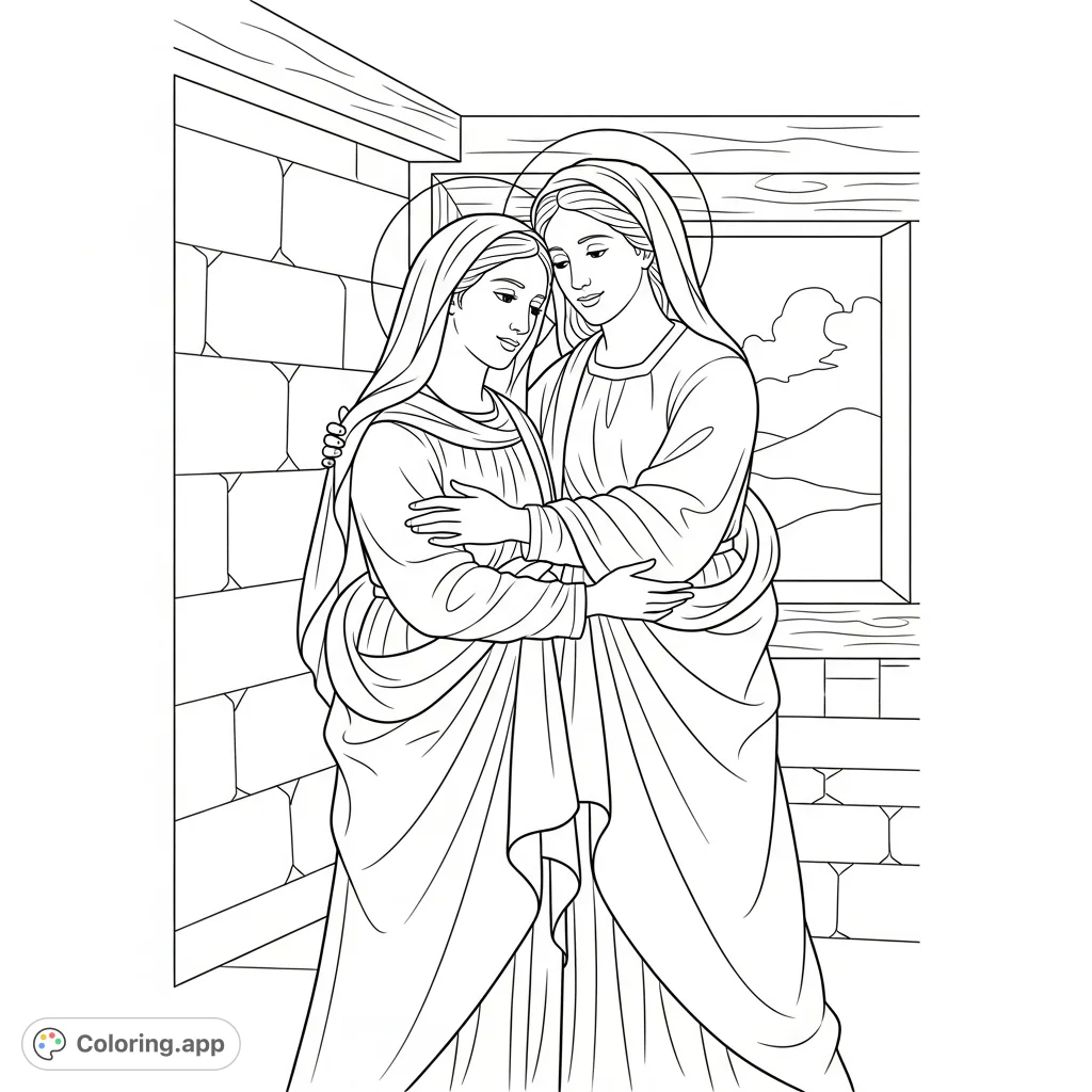 A serene Visitation coloring page depicting Mary and Elizabeth in a tender embrace, celebrating their blessed connection in a humble, reverent setting.