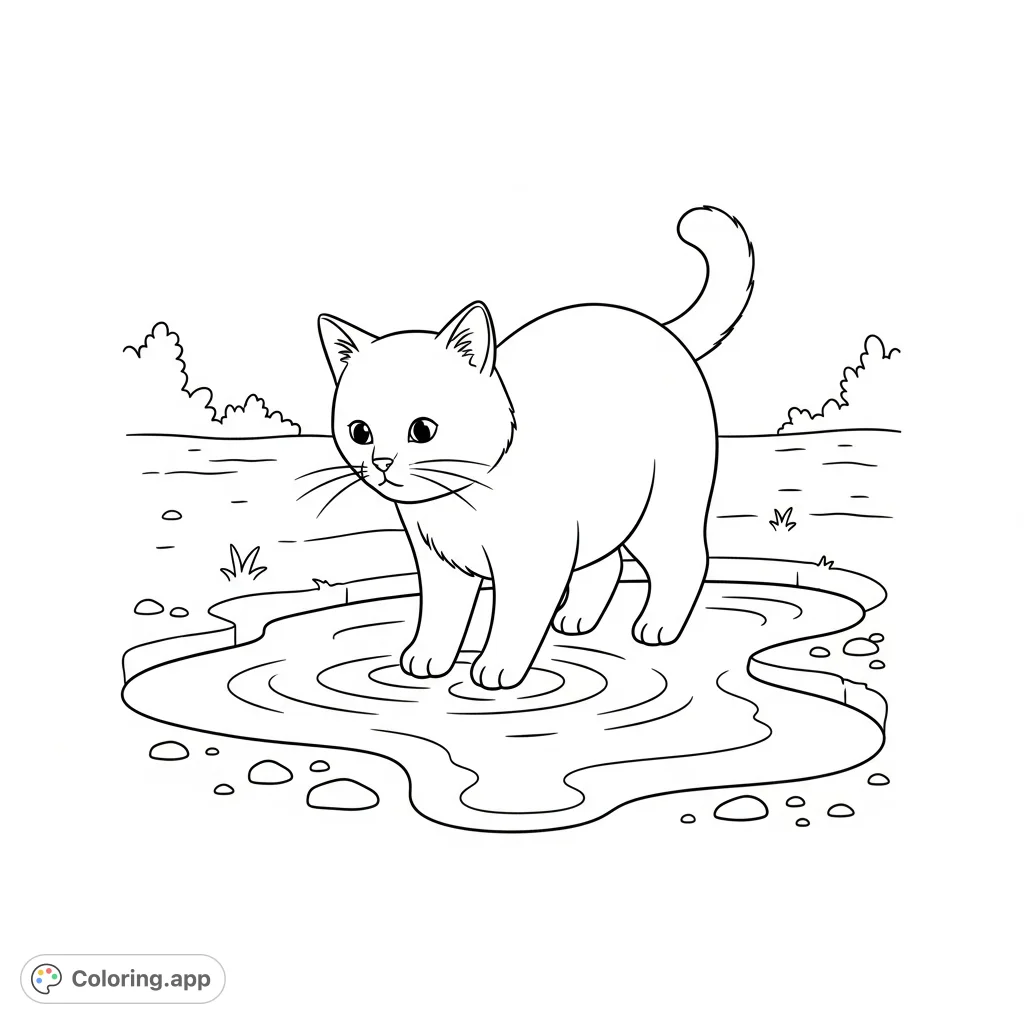 A charming coloring page featuring a simple cat with its front paws playfully dipped into a shimmering puddle, perfect for a relaxing coloring session.