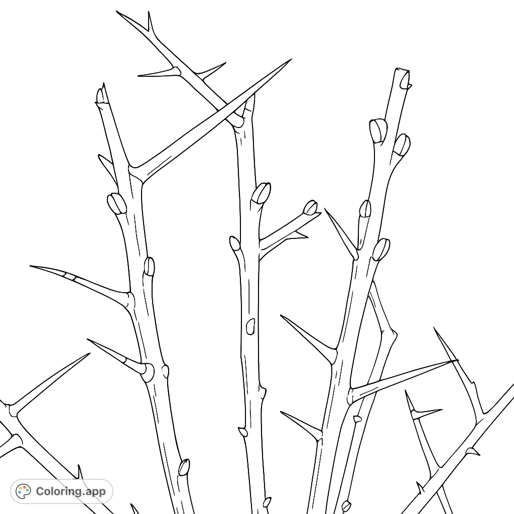Explore the intricate details of thorny branches, featuring sharp points and textured surfaces. A captivating nature-themed coloring page for mindful creativity.