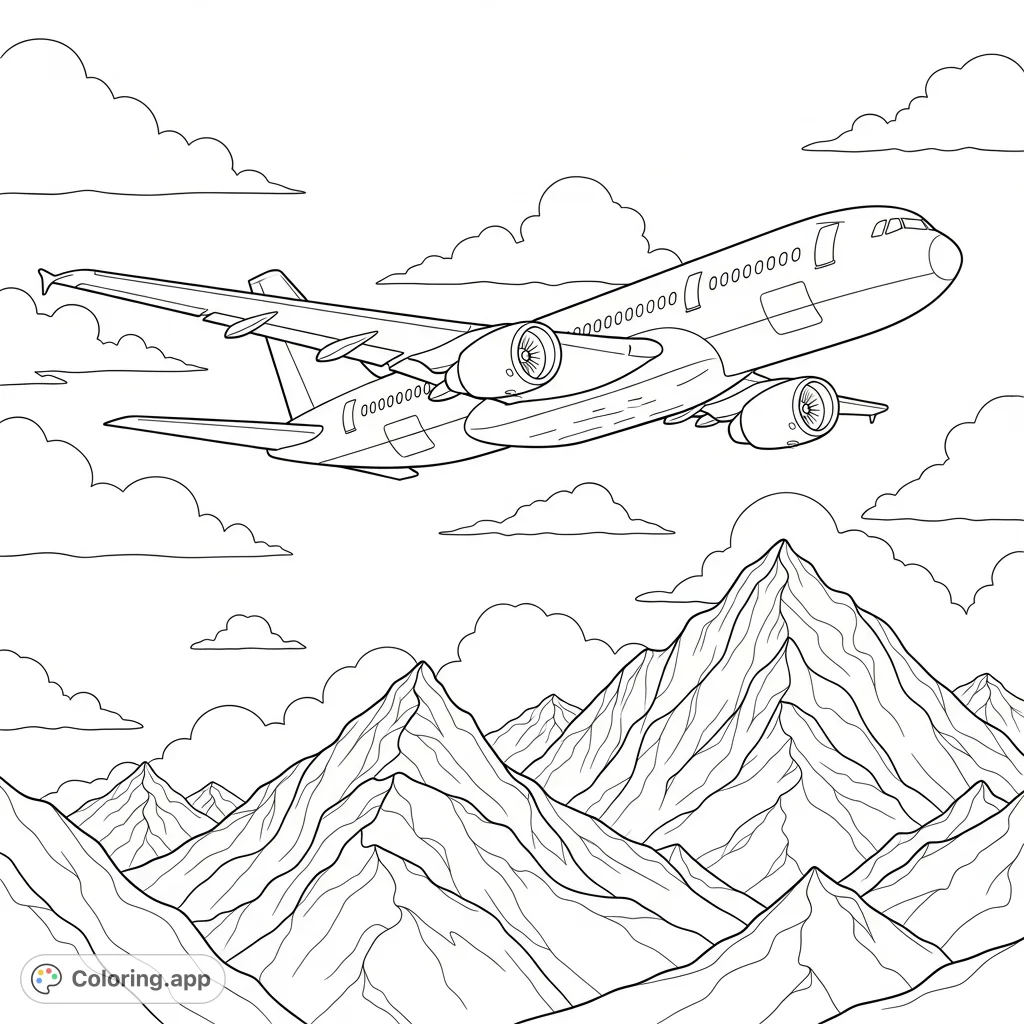 An airplane flies high above majestic mountains on a sunny day, surrounded by fluffy clouds. A perfect free printable airplane coloring page for all ages.