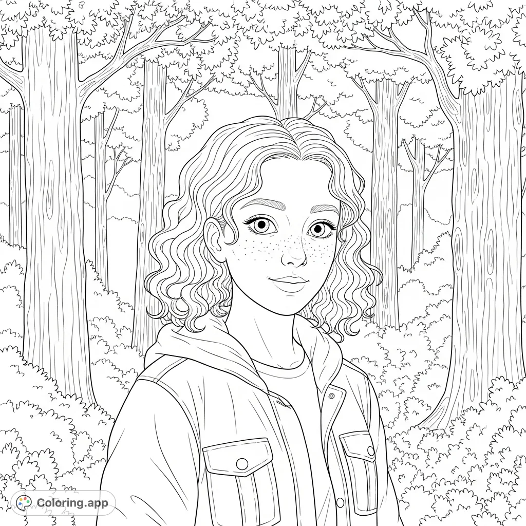 A detailed coloring page featuring Bonnie, a 17-year-old Irish girl with curly hair and freckles, set against a lush wilderness backdrop of towering trees.