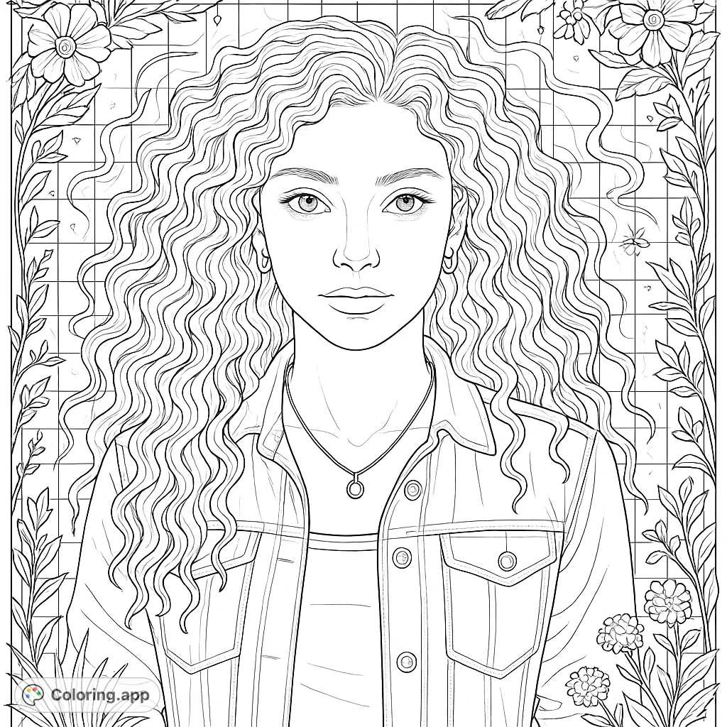 A captivating fantasy portrait coloring page featuring a woman with intricate curly hair amidst a mystical forest, adorned with decorative elements and magical effects. Free printable coloring page for adults.