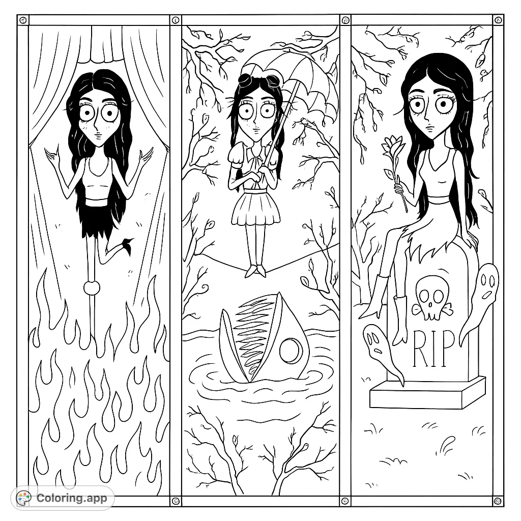 Explore three unique gothic-inspired scenes featuring stylized characters, mysterious settings, and whimsical elements perfect for creative expression.