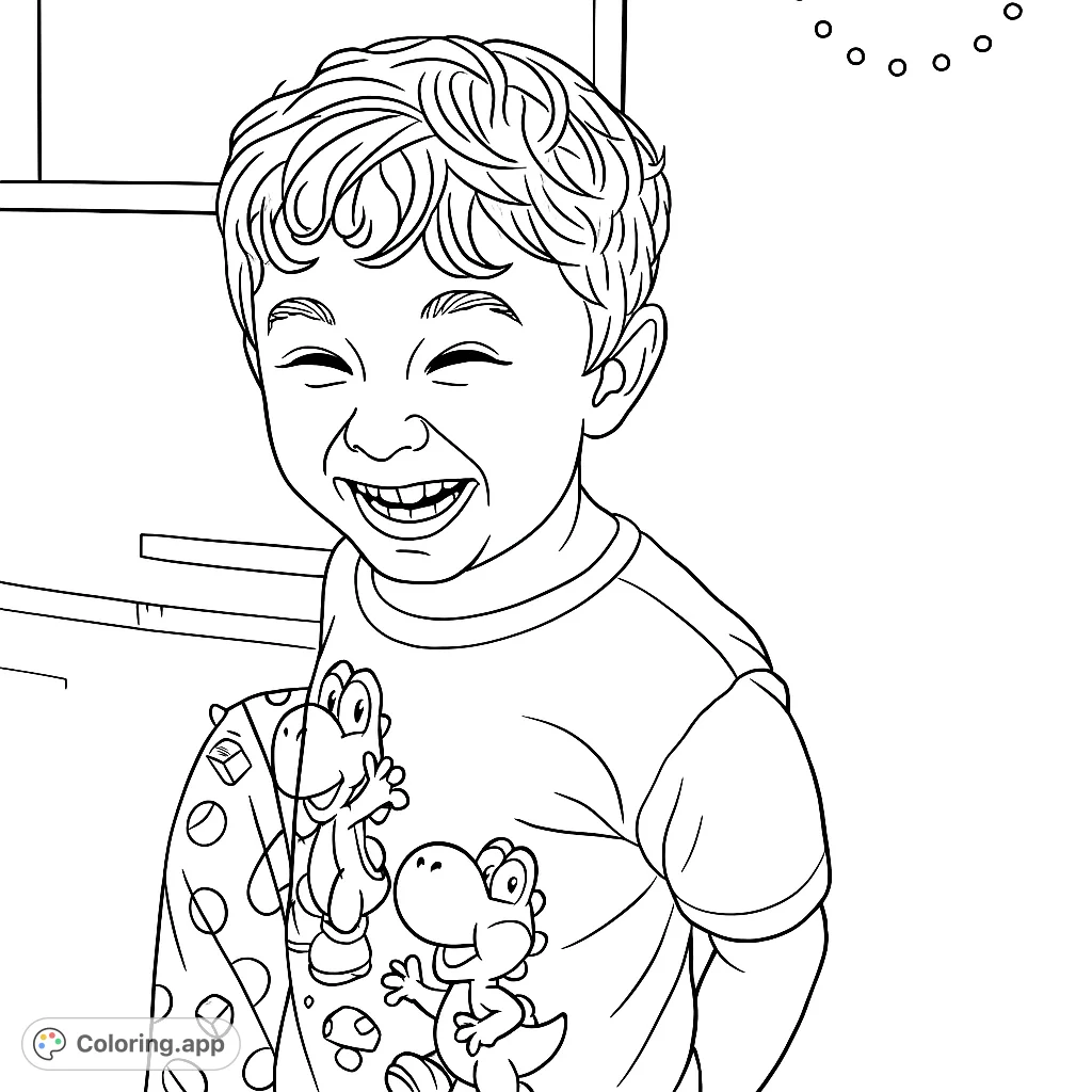 A cheerful boy with curly hair smiles broadly, wearing a fun t-shirt with cartoon characters. Perfect for a joyful coloring experience!