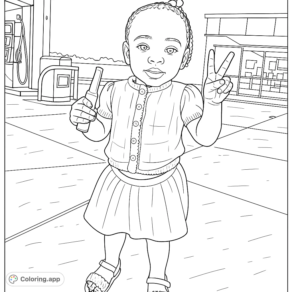 A delightful coloring page featuring a young child making a peace sign, holding a treat, and wearing a charming outfit. Perfect for creative expression.