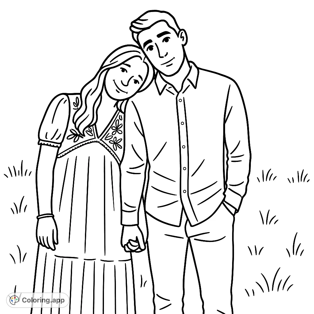 Capture the tender moment of a couple holding hands in a serene field. This sweet, cartoony coloring page is perfect for expressing affection and creativity.